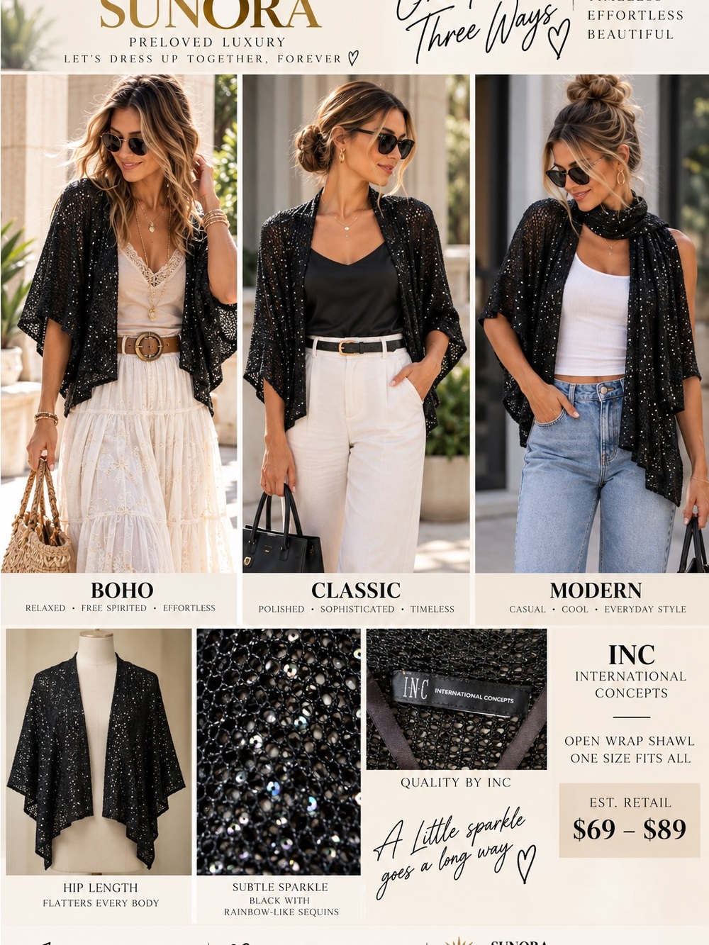 INC International Concepts Black Sequin Open Wrap Shawl